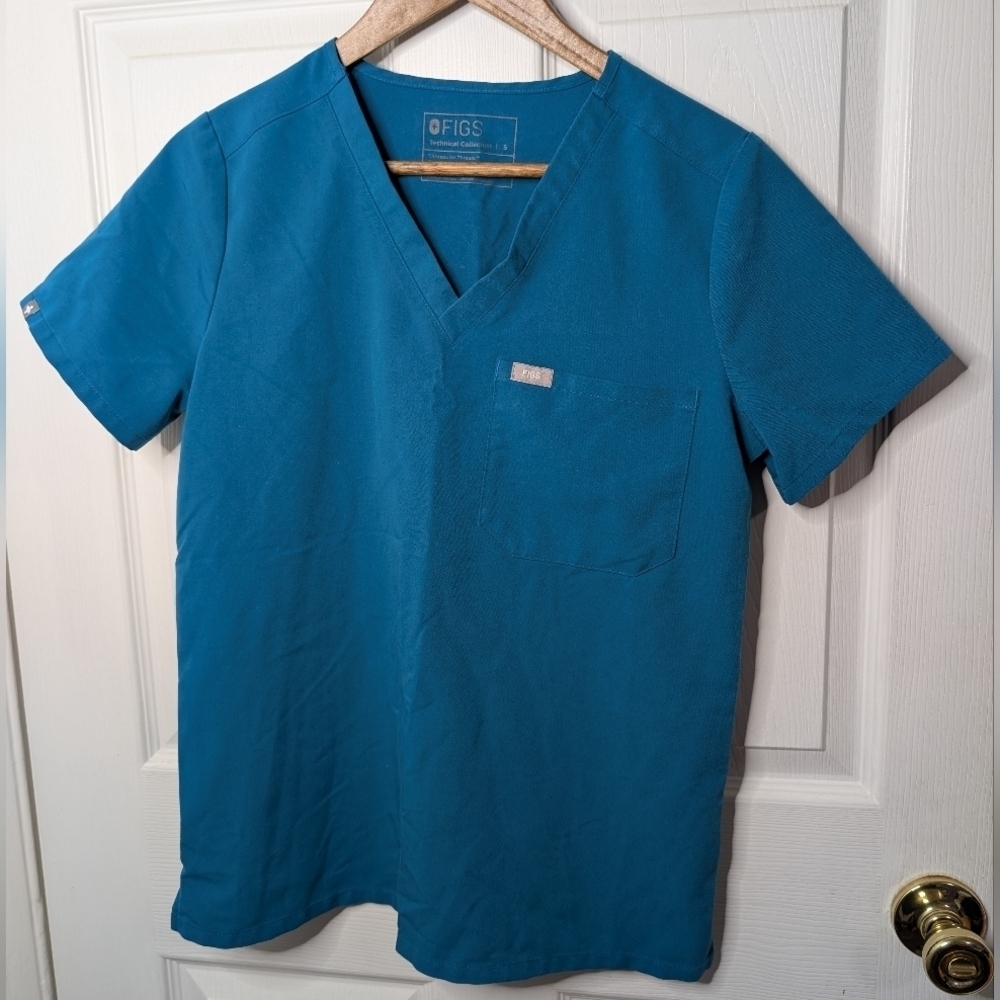 Figs Scrub Top Blue Short Sleeve V Neck Technical Collection Size Small Nursing